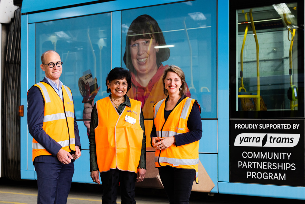 Photo: Yarra Trams’ CEO - Julien Dehornoy, Parliamentary Secretary for Transport - Vicki Ward, Ability Works CEO – Sue Boyce launching the tram at Kew Depot