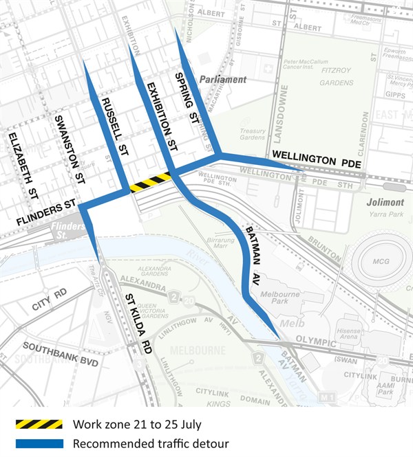 Flinders St detour map 21 - 25 July