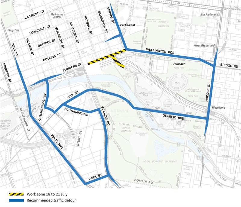Flinders St detour map 18 - 21 July
