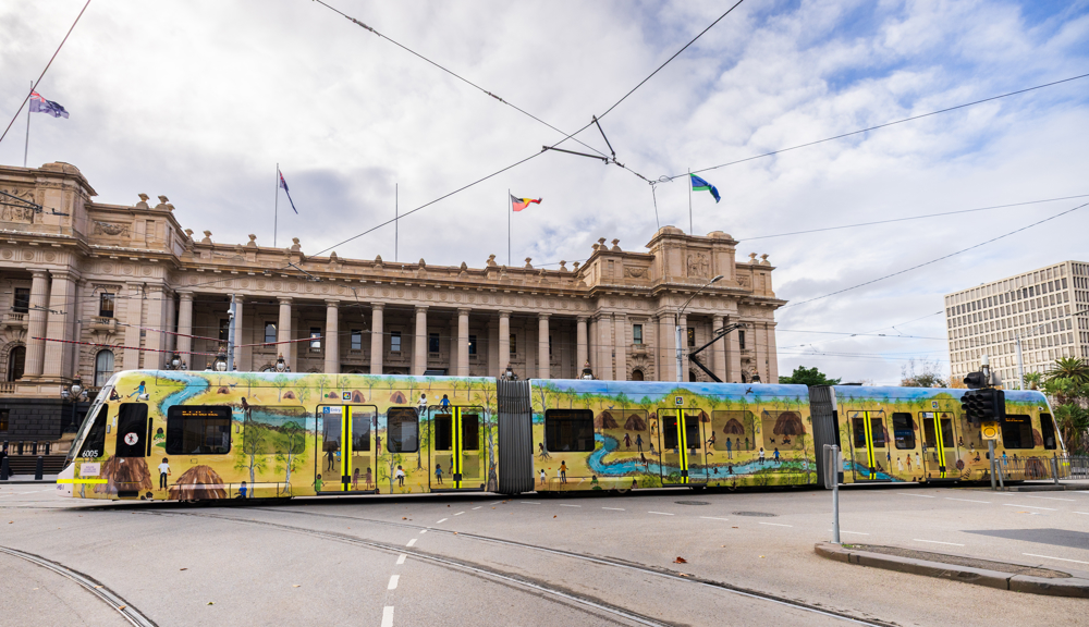 Aunty Marlene Gilson's tram runs past Parliament House
