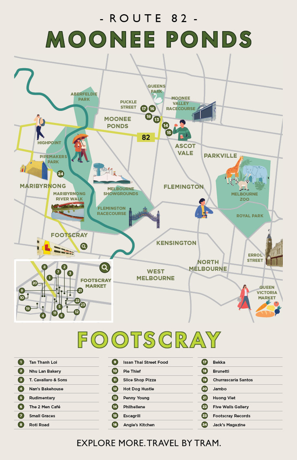 Illustrated map of Route 82 with various icons and venues highlighted along the route.