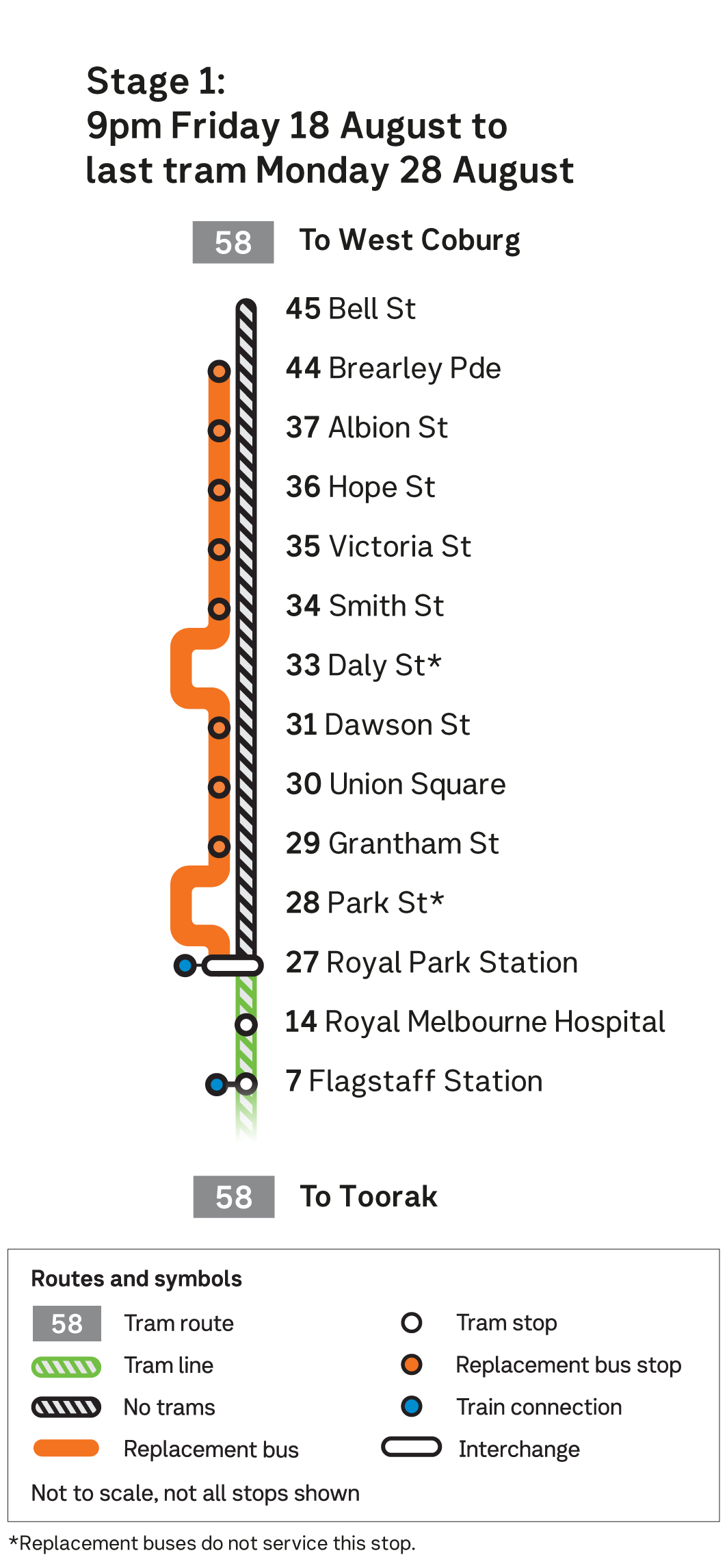 Route 58 replacement bus linear map